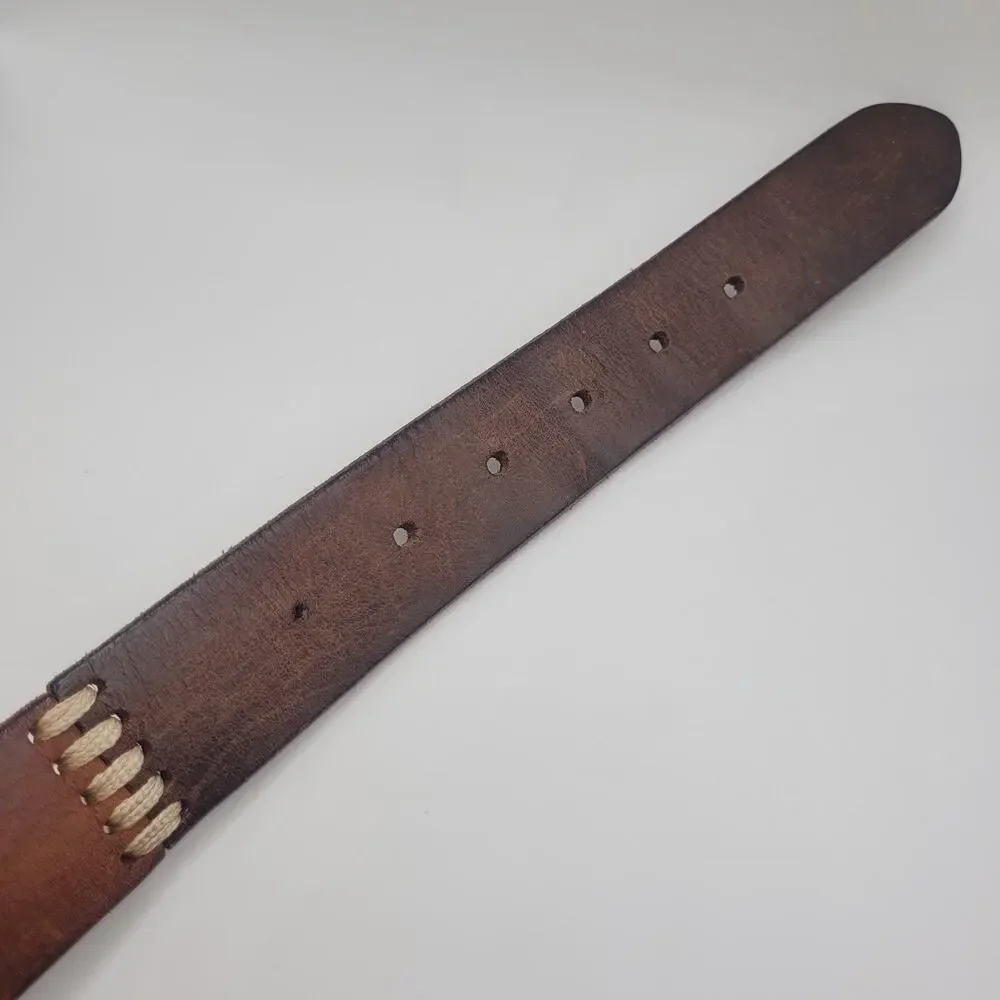 Brown Leather Belt Medium Rustic Stitched Workwear Casual Boho‎ Western Festival